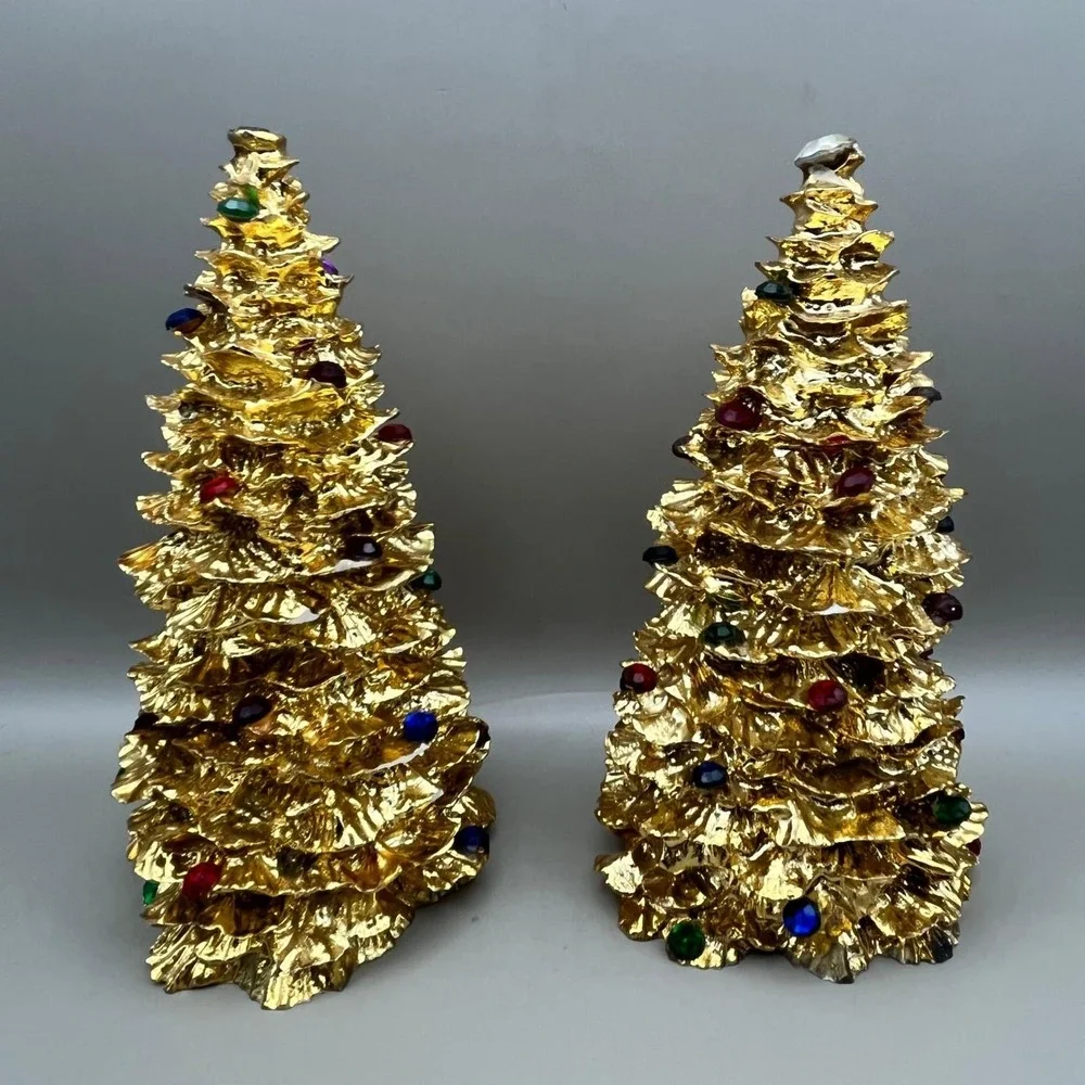 Vtg‎ 1994 Enesco Gold Heavy Jeweled Christmas Tree Tabletop Set of 2 6
